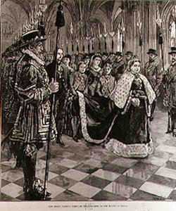 A királynő áthalad a folyosón a Lordok Házába, a The Illustrated London Newsból, 1886. január 30. alkotó: William Heysham after Overend